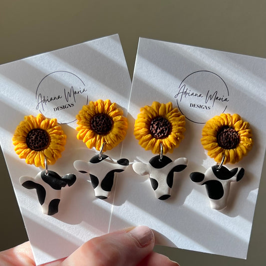 Sunflower Cow Polymer Clay Dangle Earrings