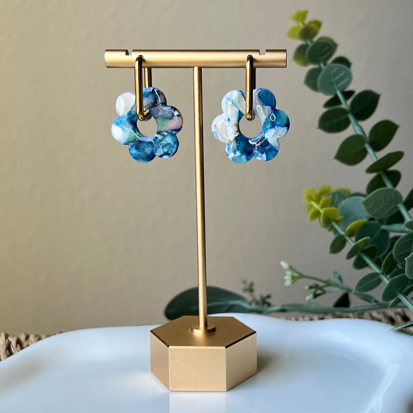 Coastal Blue Marbled Polymer Clay Huggie Hoop Earrings