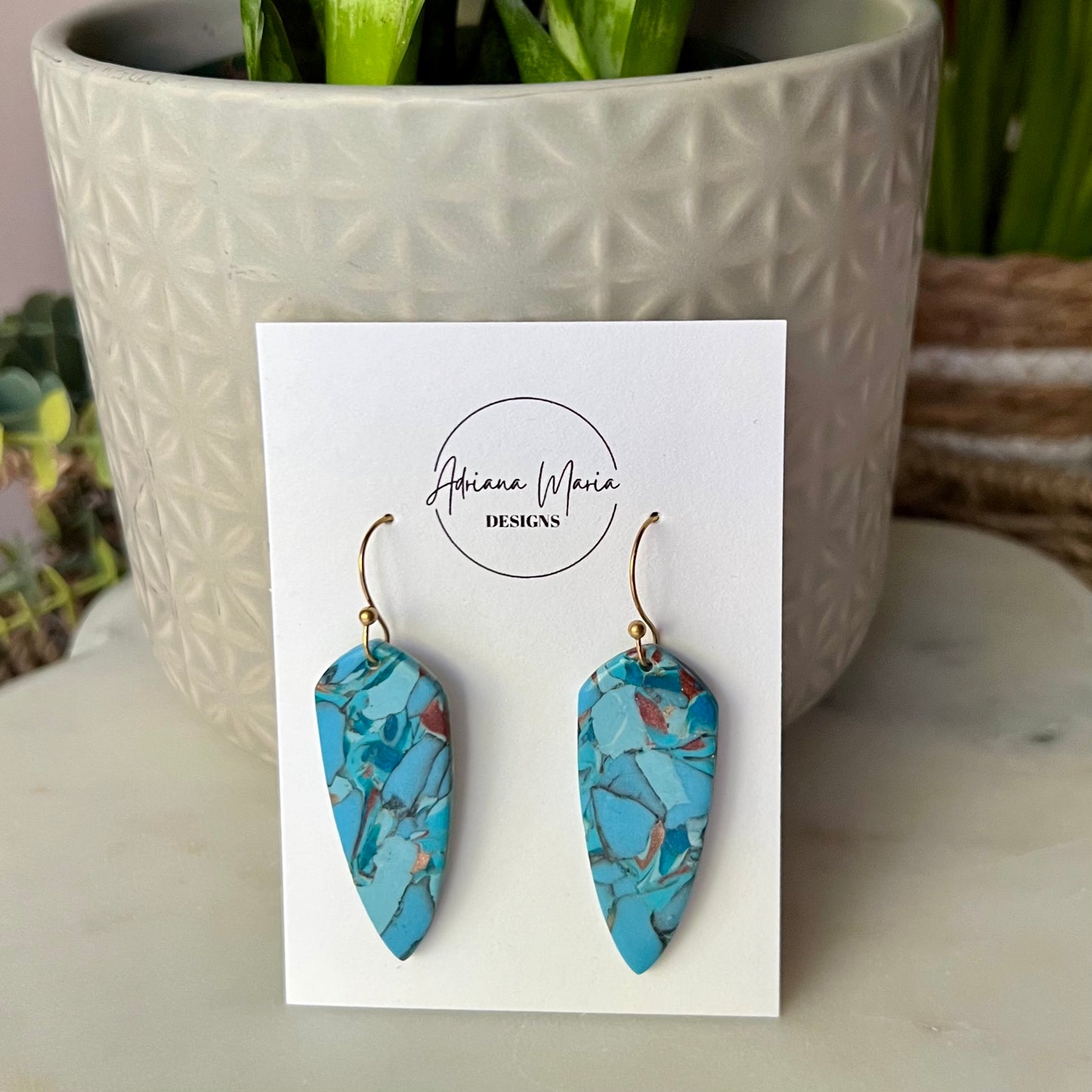Turquoise Stone inspired Dagger Shaped Polymer Clay Earrings, lightweight dangles, western style