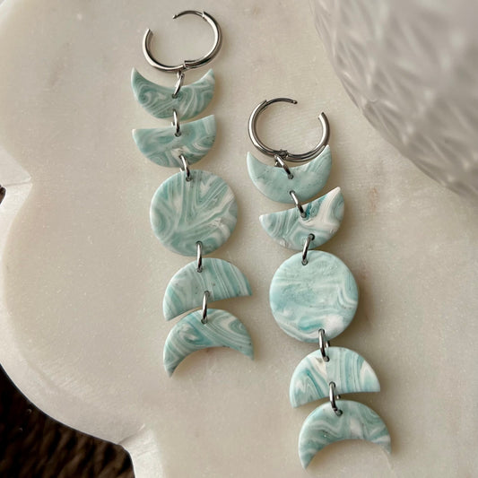 Seafoam Cascade Moon Phase Polymer Clay Earrings, Lightweight Statement Dangles, Huggie Hoops