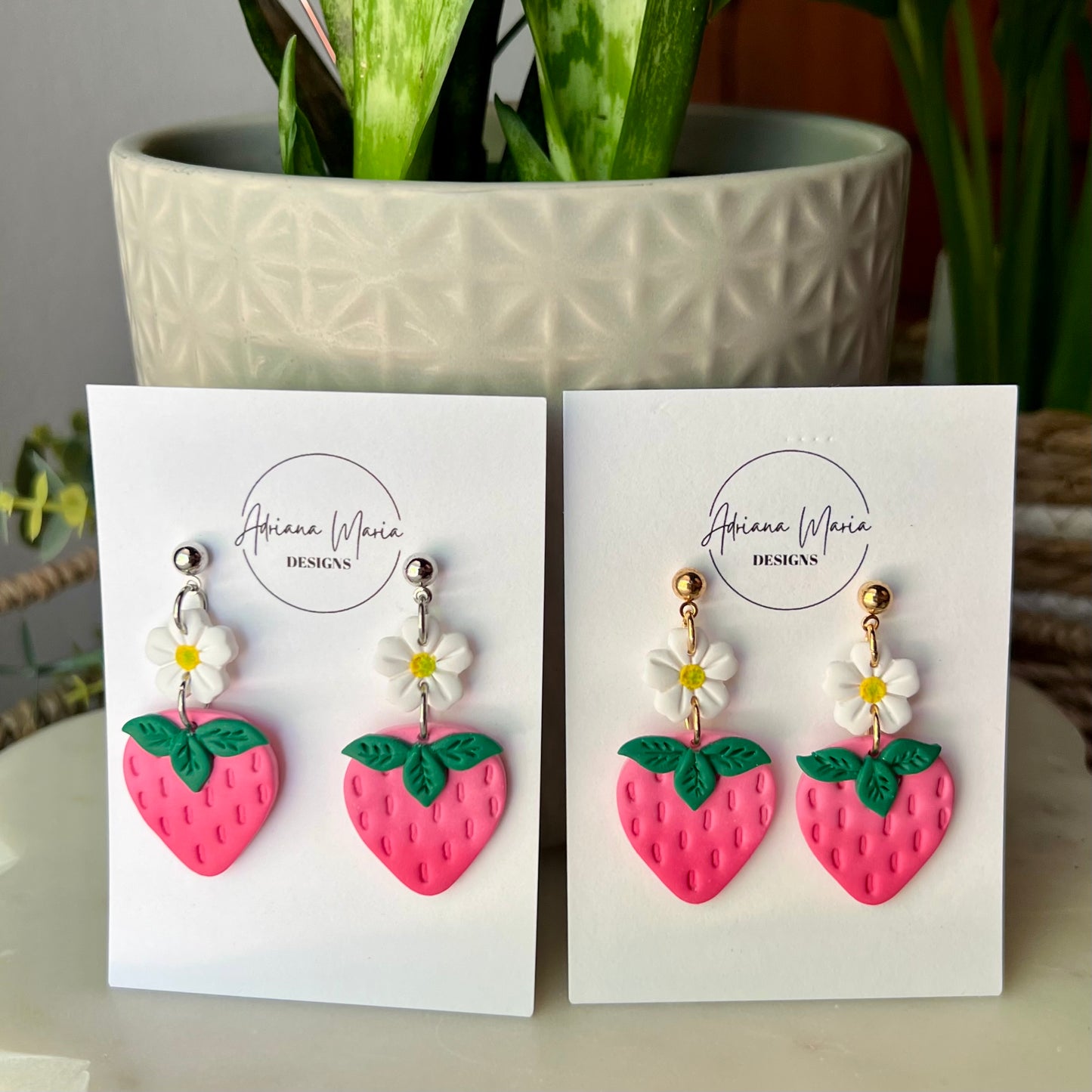 White Daisy & Ombré Pink Strawberry Polymer Clay Dangle Earrings
