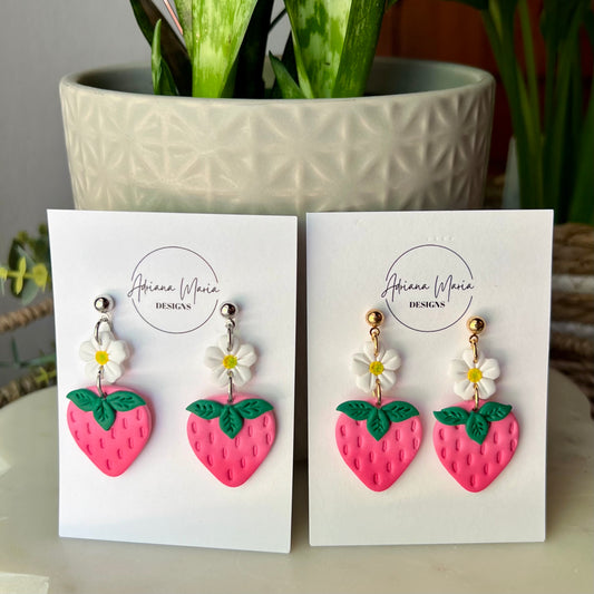 White Daisy & Ombré Pink Strawberry Polymer Clay Dangle Earrings