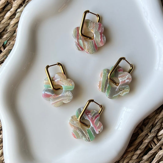 Agate Flower Polymer Clay Huggie Hoop Earrings