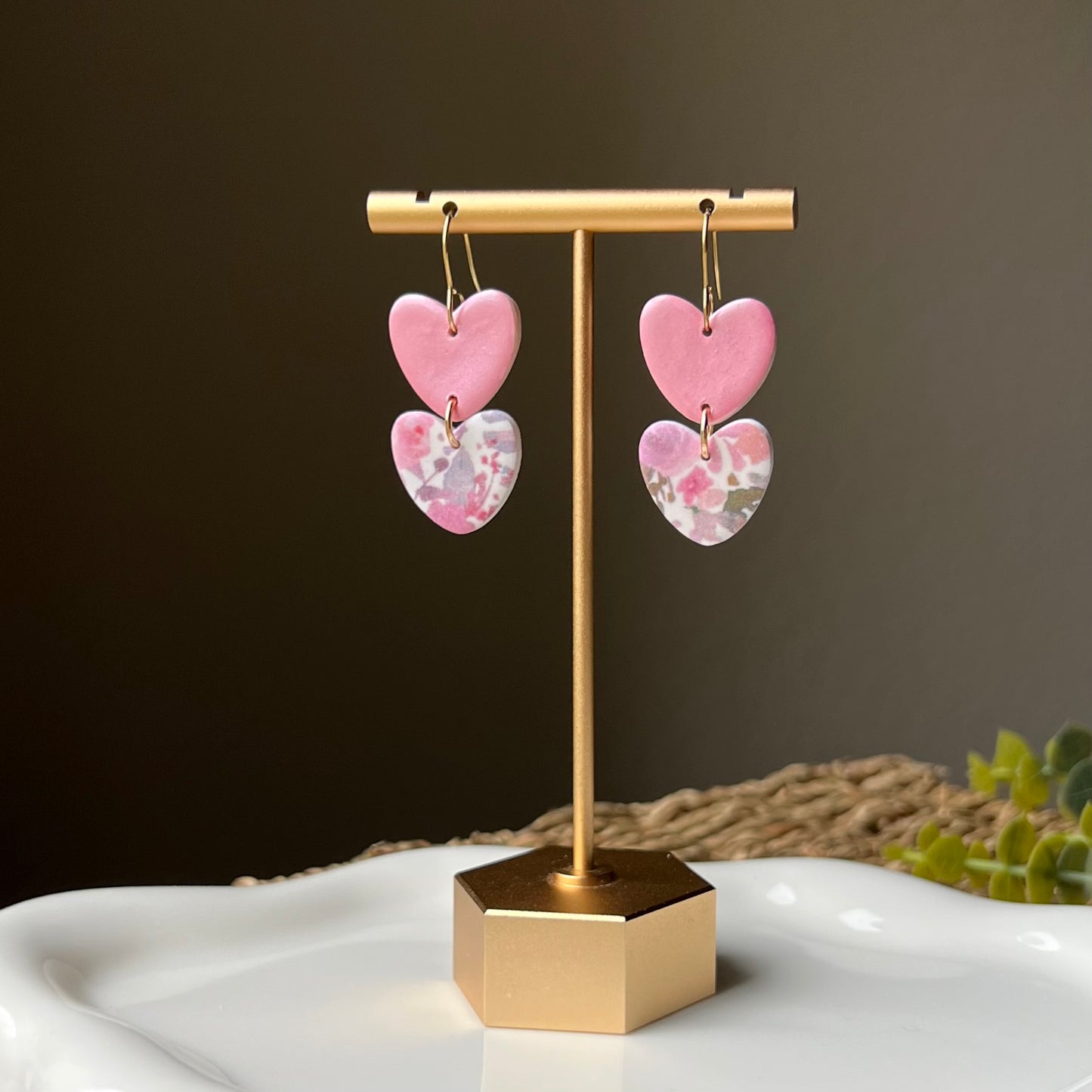 Pink & Floral Print Double Hearts Polymer Clay Dangle Earrings