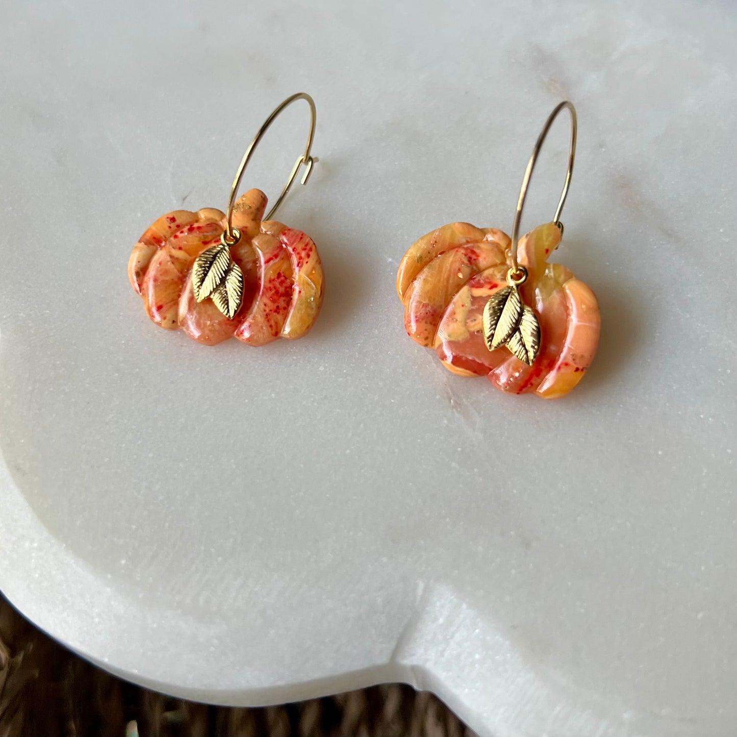 Golden Ember Pumpkin Polymer Clay Dangle Earrings with gold leaf