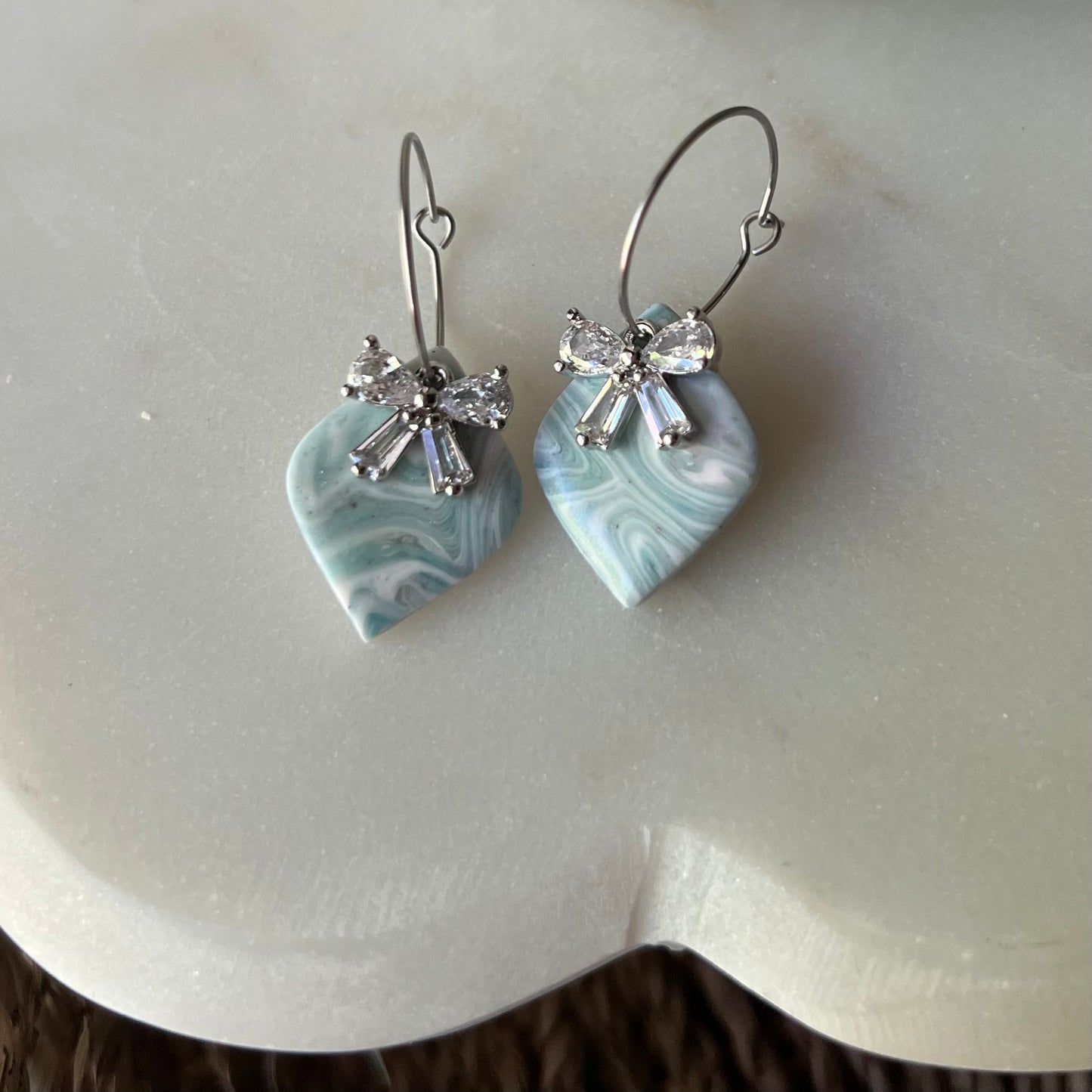 Soft Blue Seafoam Marbled Polymer Clay Earrings with CZ Bow