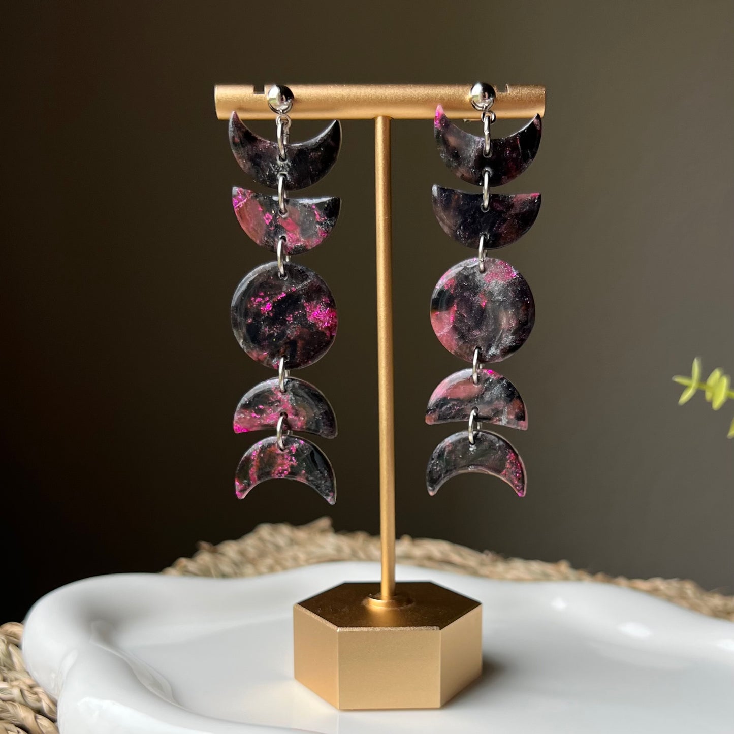 Black & Purple Moon Phase Polymer Clay Earrings