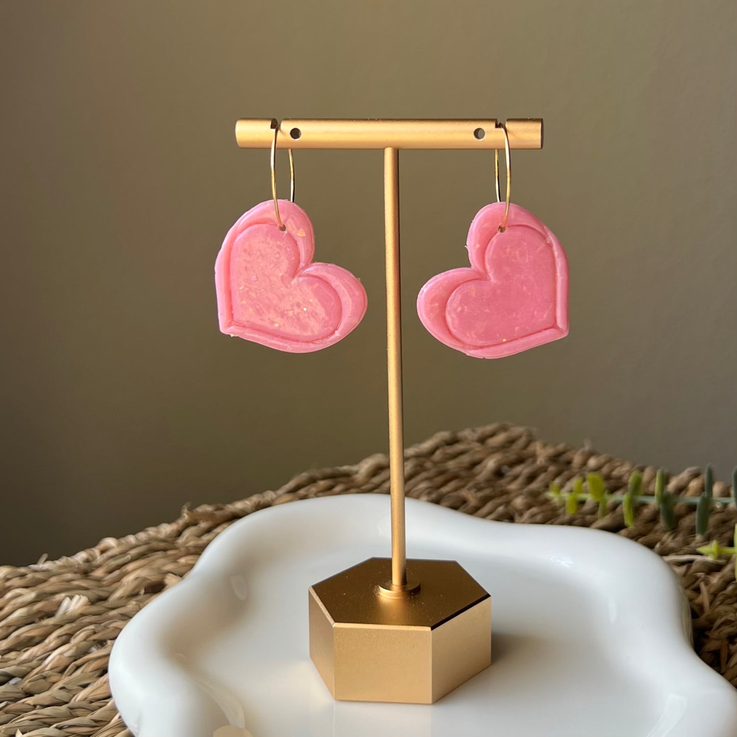 Polymer Clay Earrings - Pink Heart Hoop Dangles