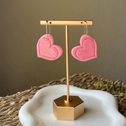 Polymer Clay Earrings - Pink Heart Hoop Dangles