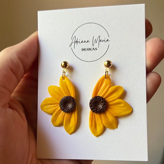Polymer Clay Earrings – Yellow Half Sunflower Dangle, Lightweight Handmade Jewelry