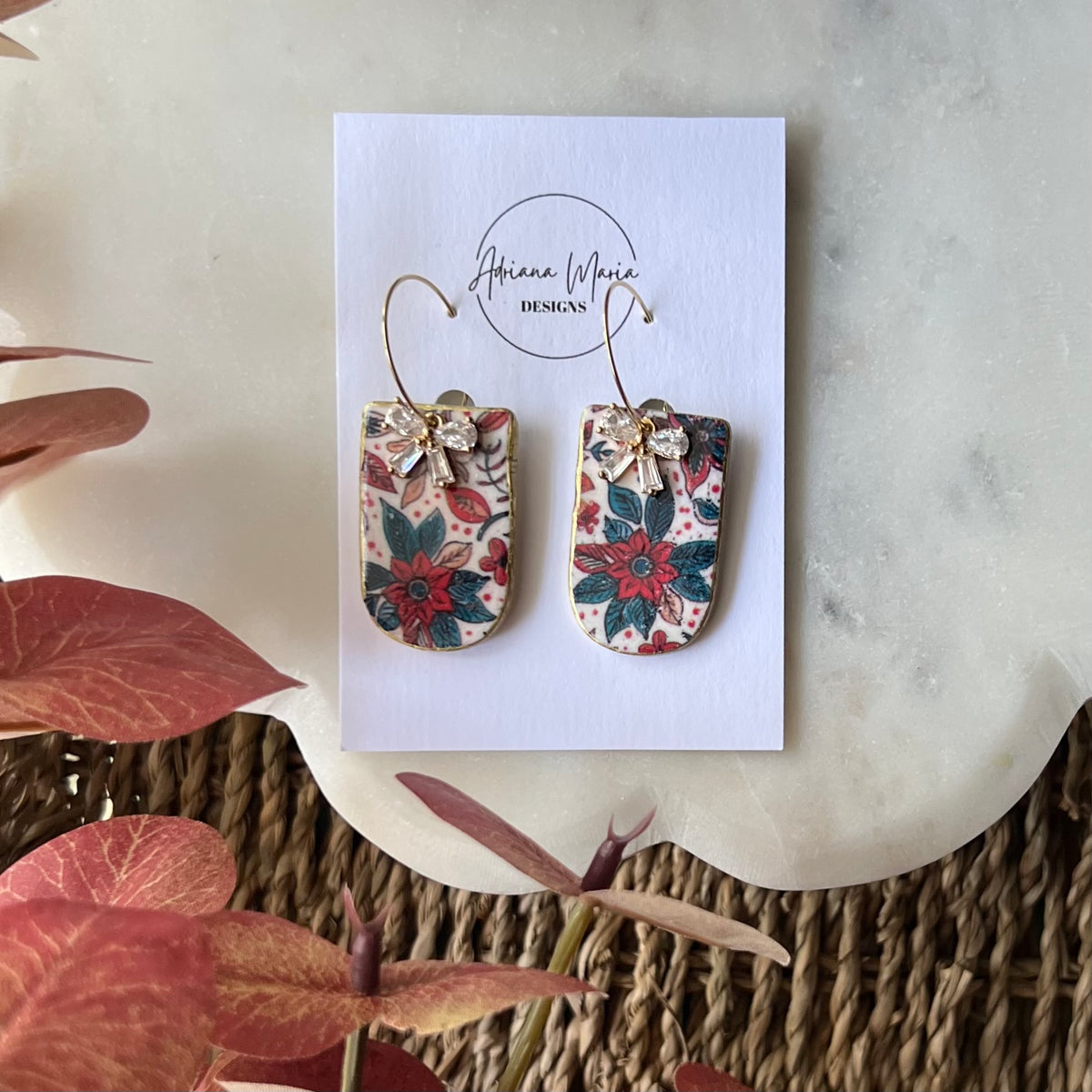Festive Poinsettia Print Polymer Clay Earrings with CZ Bow Accent