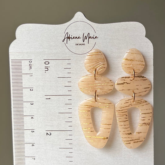 Polymer Clay Earrings - Beige Translucent & Gold Lightweight Statement Dangles