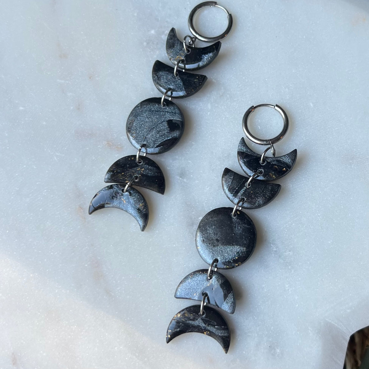 Black Marbled Moon Phase Polymer Clay Dangle Earrings