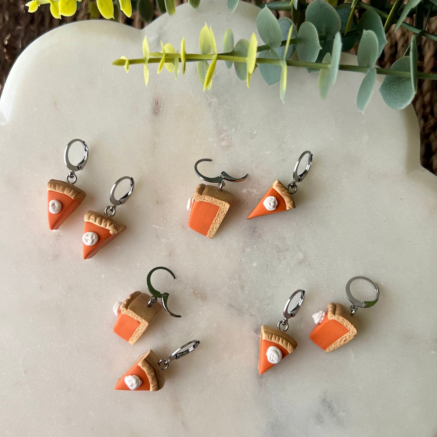 Pumpkin Pie Slice Polymer Clay Dangle Earrings with Round Leverback Stainless Steel Hooks, Fall Jewelry