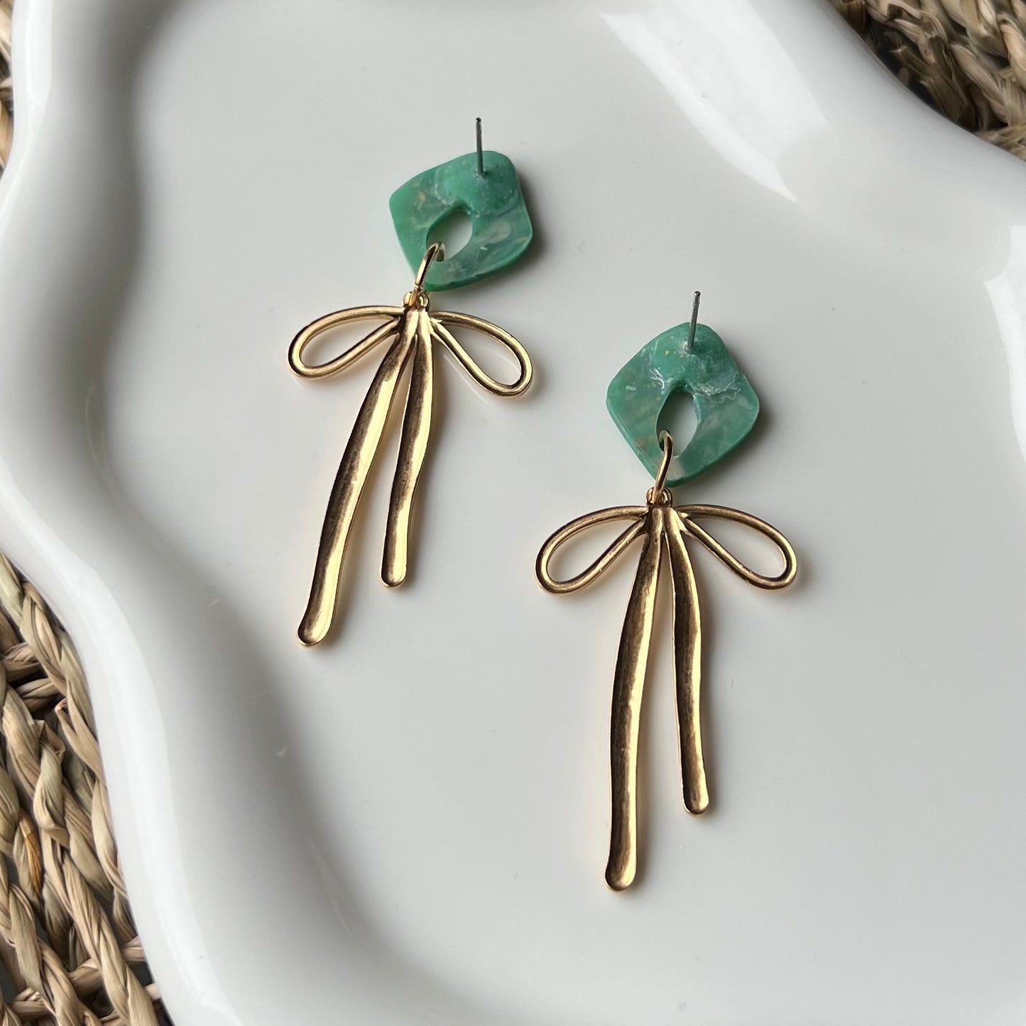 Emerald Green Marbled Clay & Bow Clay Earrings
