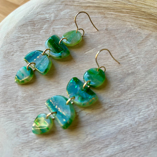 Green Marbled Polymer Clay Dangle Earrings