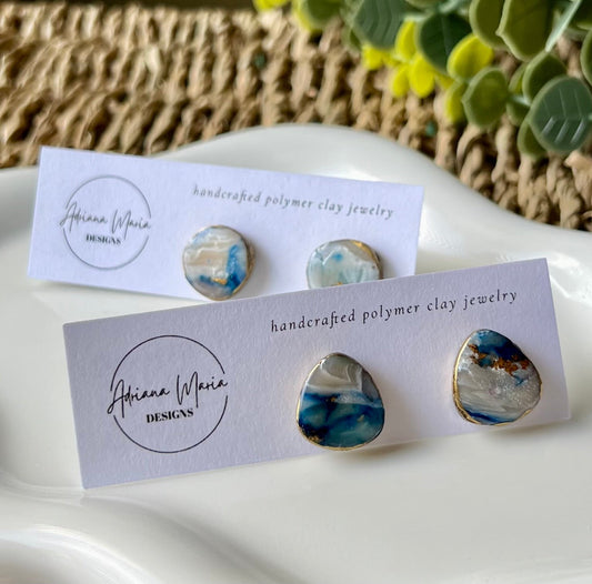 Ocean Blue Marbled Polymer Clay Stud Earrings