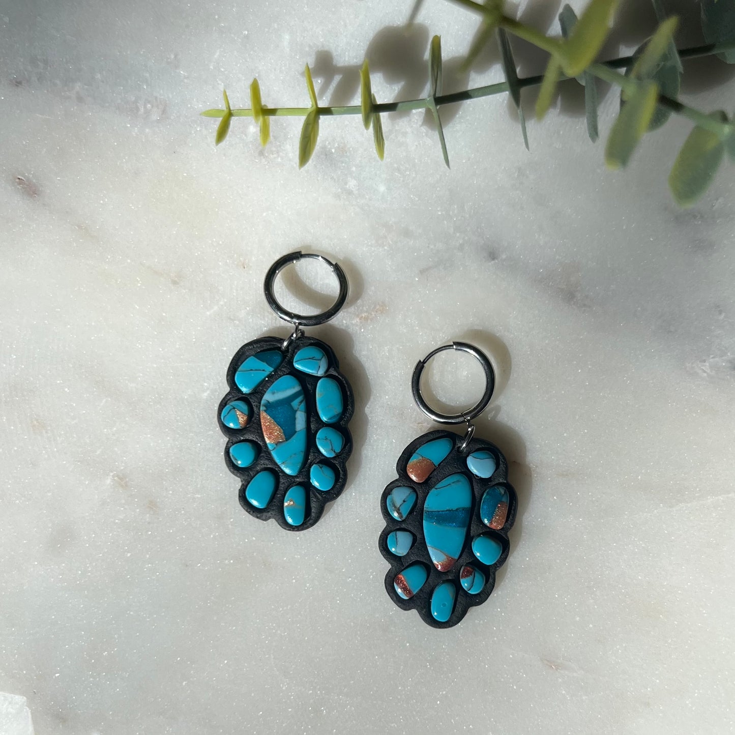 Turquoise Stone inspired Polymer Clay Bezel Statement Earrings, lightweight dangles, western style