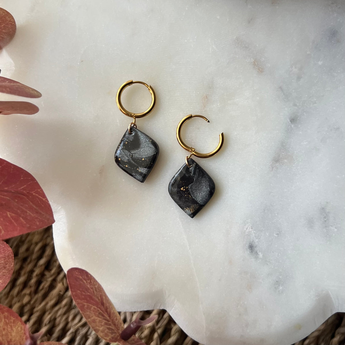 Black Marbled Polymer Clay Dangle Earrings with stainless steel huggie hoop closure