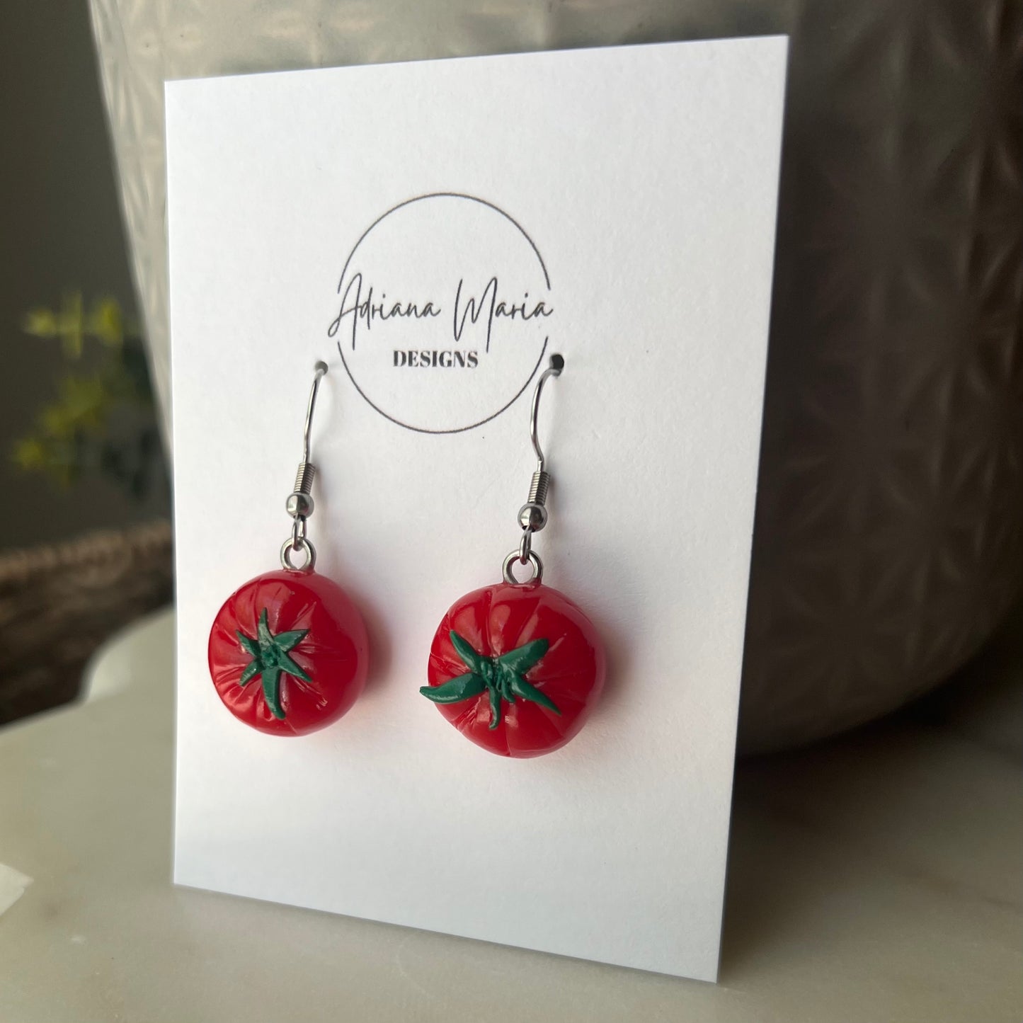 Red Beefsteak Tomatoes Polymer Clay Dangle Earrings, Miniature Food