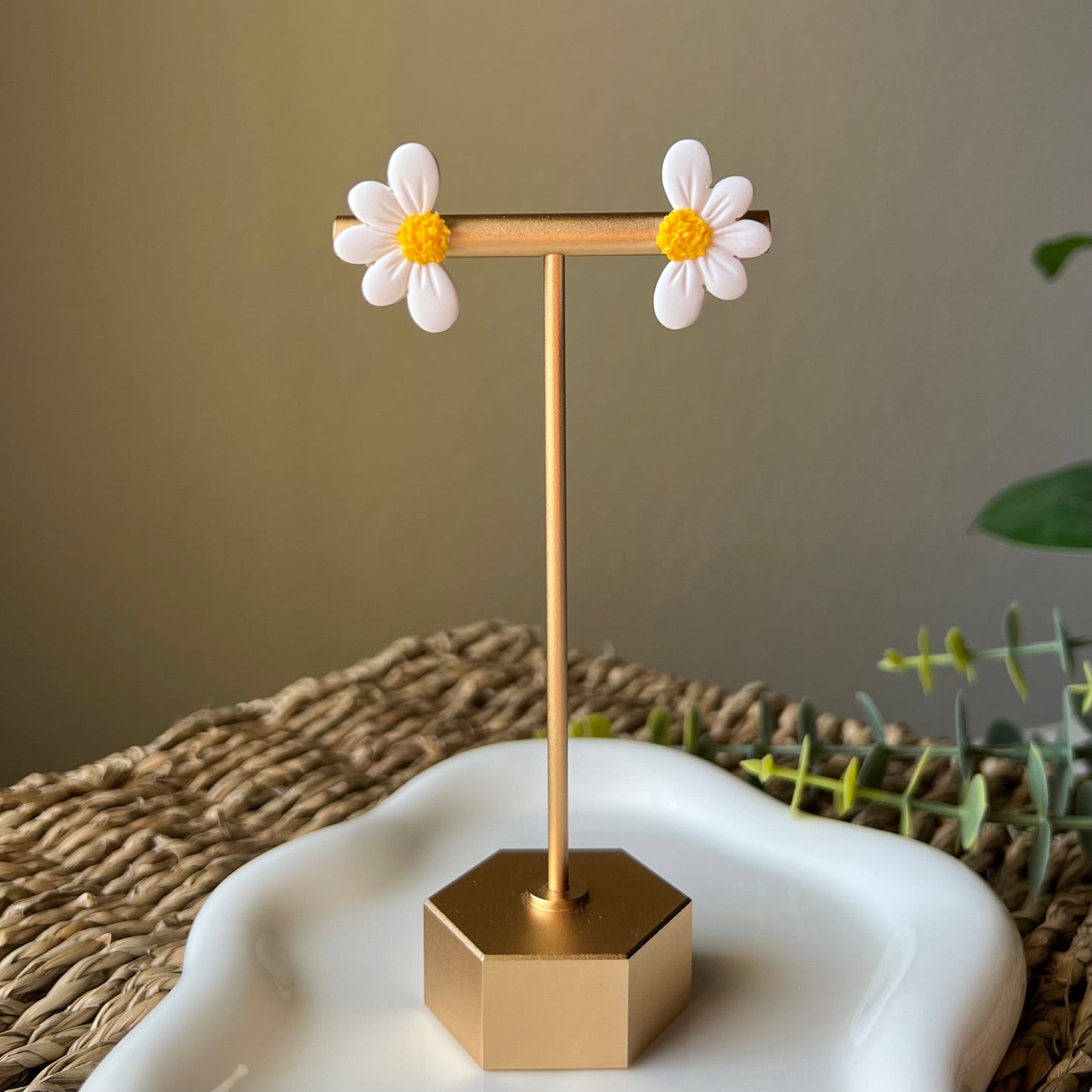 White Half Daisy Polymer Clay Stud Earrings