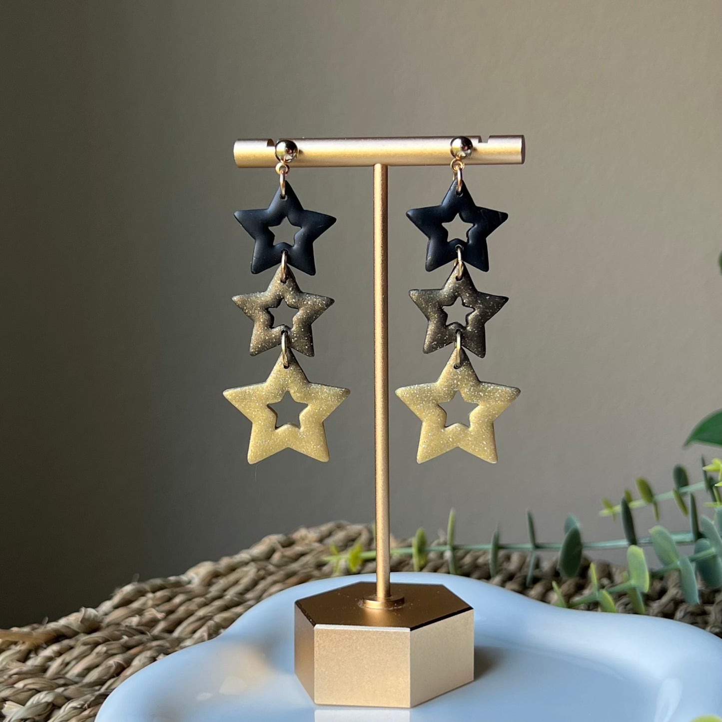 Black & Gold Ombré Triple Star Polymer Clay Earrings