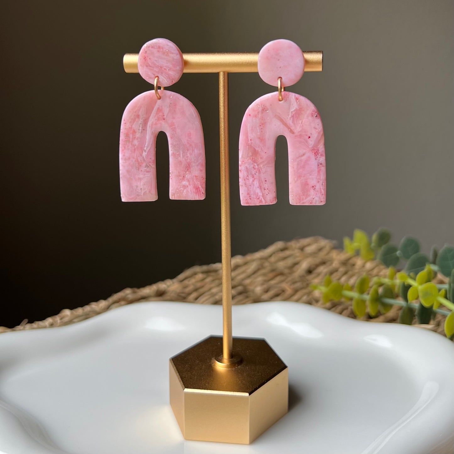 Soft Pink Marbled Organic Arches Polymer Clay Earrings