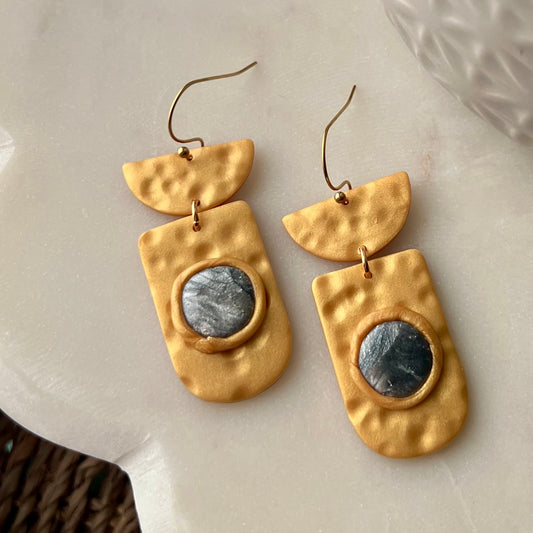 Polymer Clay Earrings - Faux Metal Gold Clay & Silver Marbled Bezel Dangles