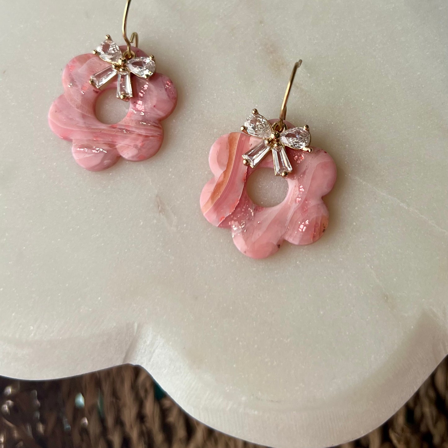 Polymer Clay Earrings - Rose Quartz Inspired Retro Flower with Cubic Zirconia Bow, Pink Marbled Dangles