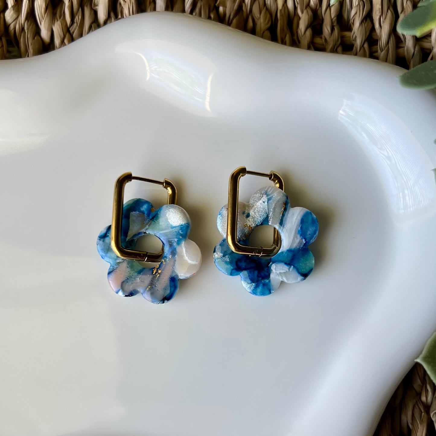 Coastal Blue Marbled Polymer Clay Huggie Hoop Earrings