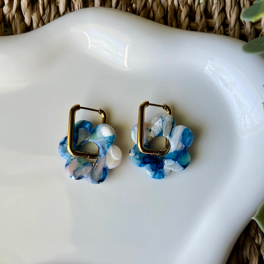 Coastal Blue Marbled Polymer Clay Huggie Hoop Earrings