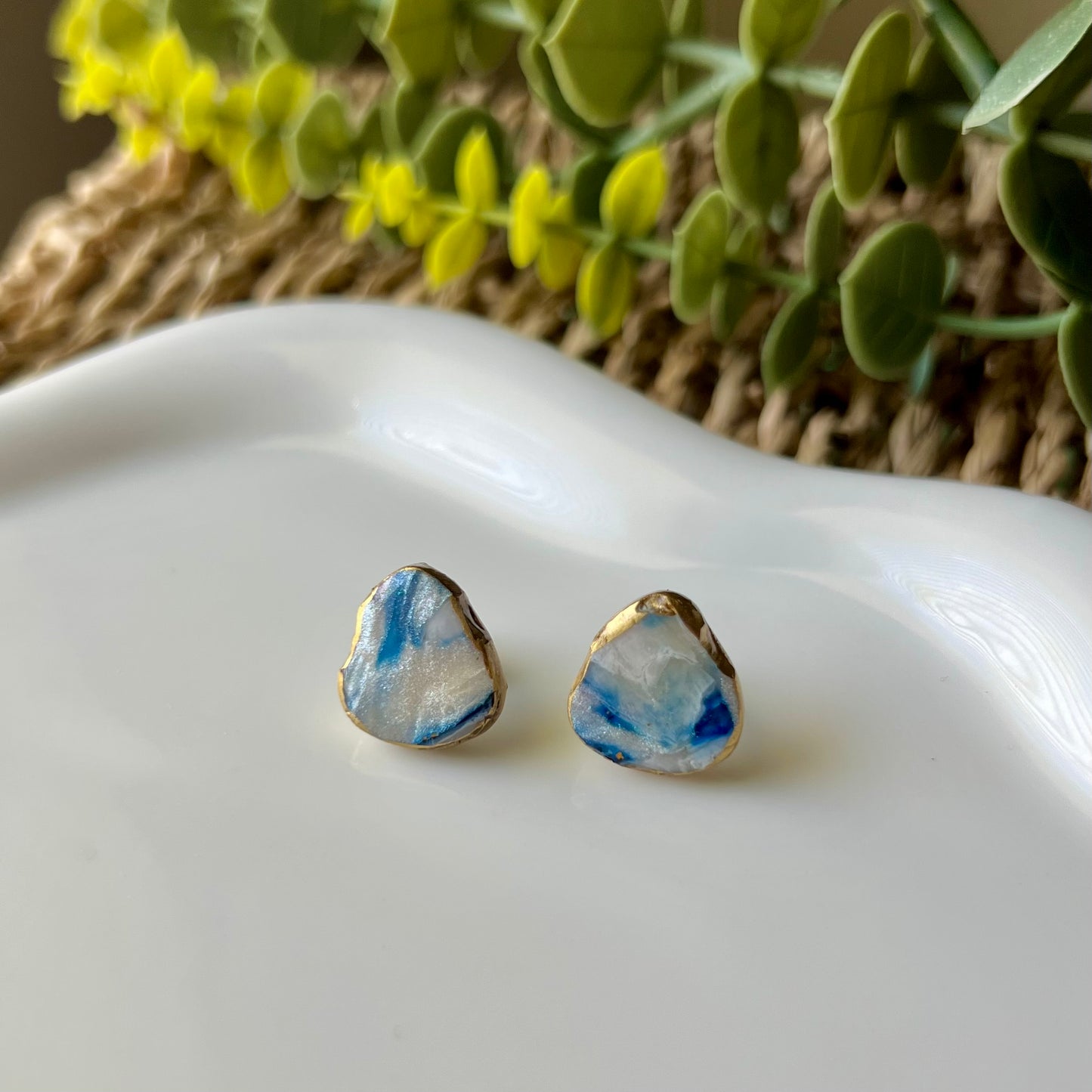 Ocean Blue Marbled Polymer Clay Stud Earrings