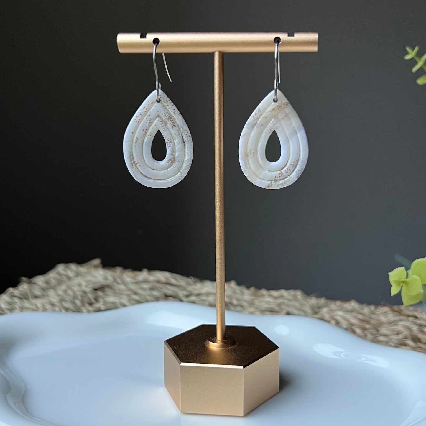 Neutral Ivory Open Teardrop Polymer Clay Dangle Earrings