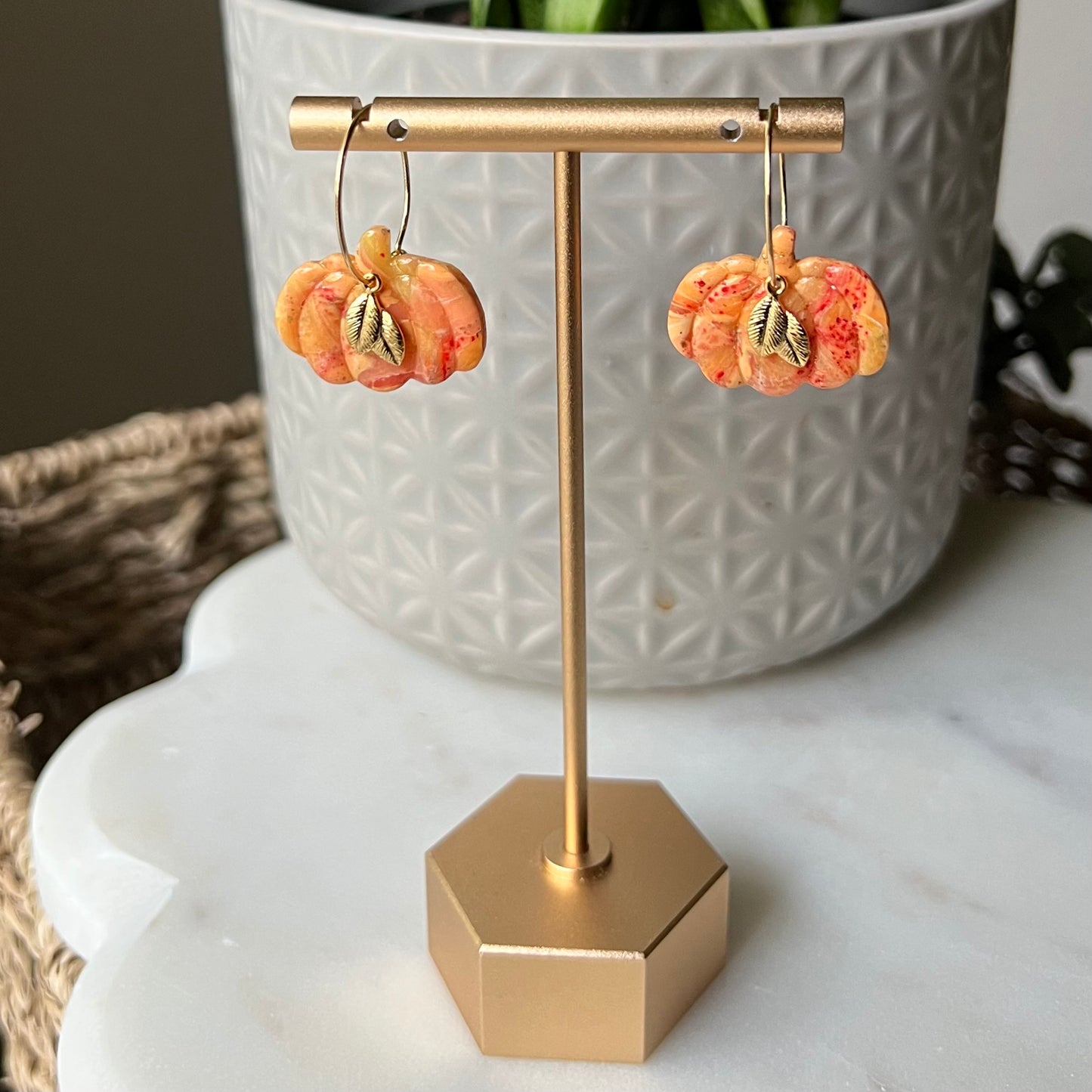 Golden Ember Pumpkin Polymer Clay Dangle Earrings with gold leaf