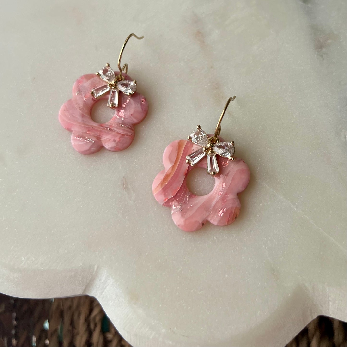 Polymer Clay Earrings - Rose Quartz Inspired Retro Flower with Cubic Zirconia Bow, Pink Marbled Dangles