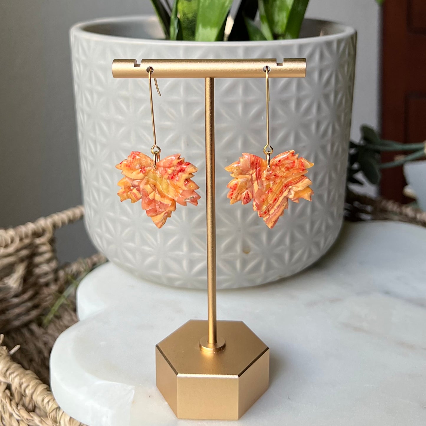Golden Ember Maple Leaf Polymer Clay Dangle Earrings