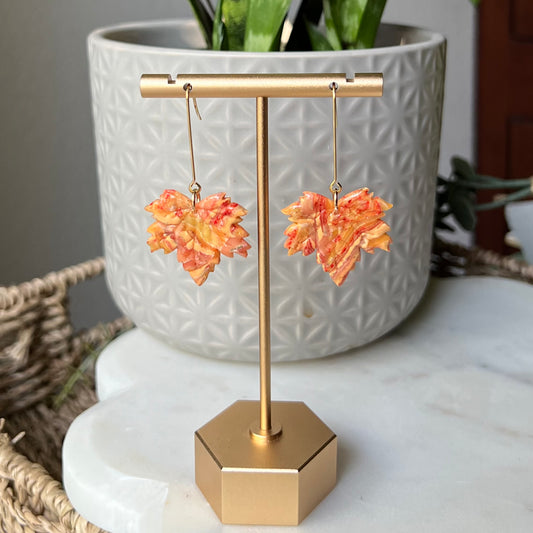 Golden Ember Maple Leaf Polymer Clay Dangle Earrings