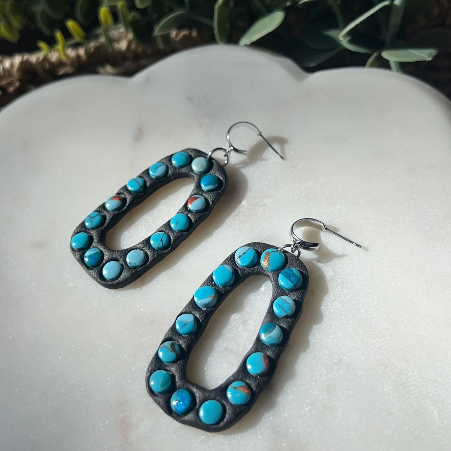 Turquoise Stone inspired Polymer Clay Bezel Statement Earrings, lightweight dangles, western style