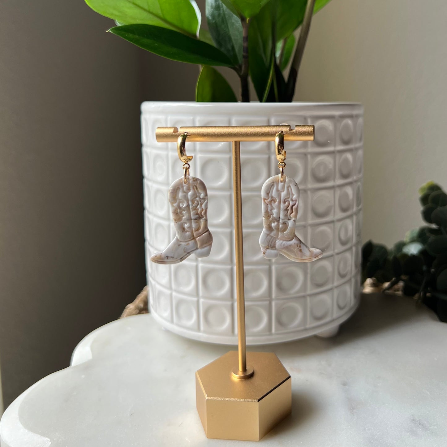 Ivory Pearl Marble Cowboy Boots Polymer Clay Earrings with Half Hoops