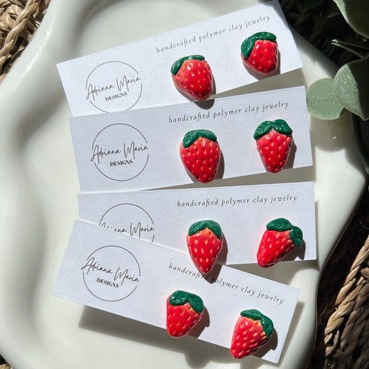 Mini Red Strawberry Polymer Clay Stud Earrings, miniature fruit realistic
