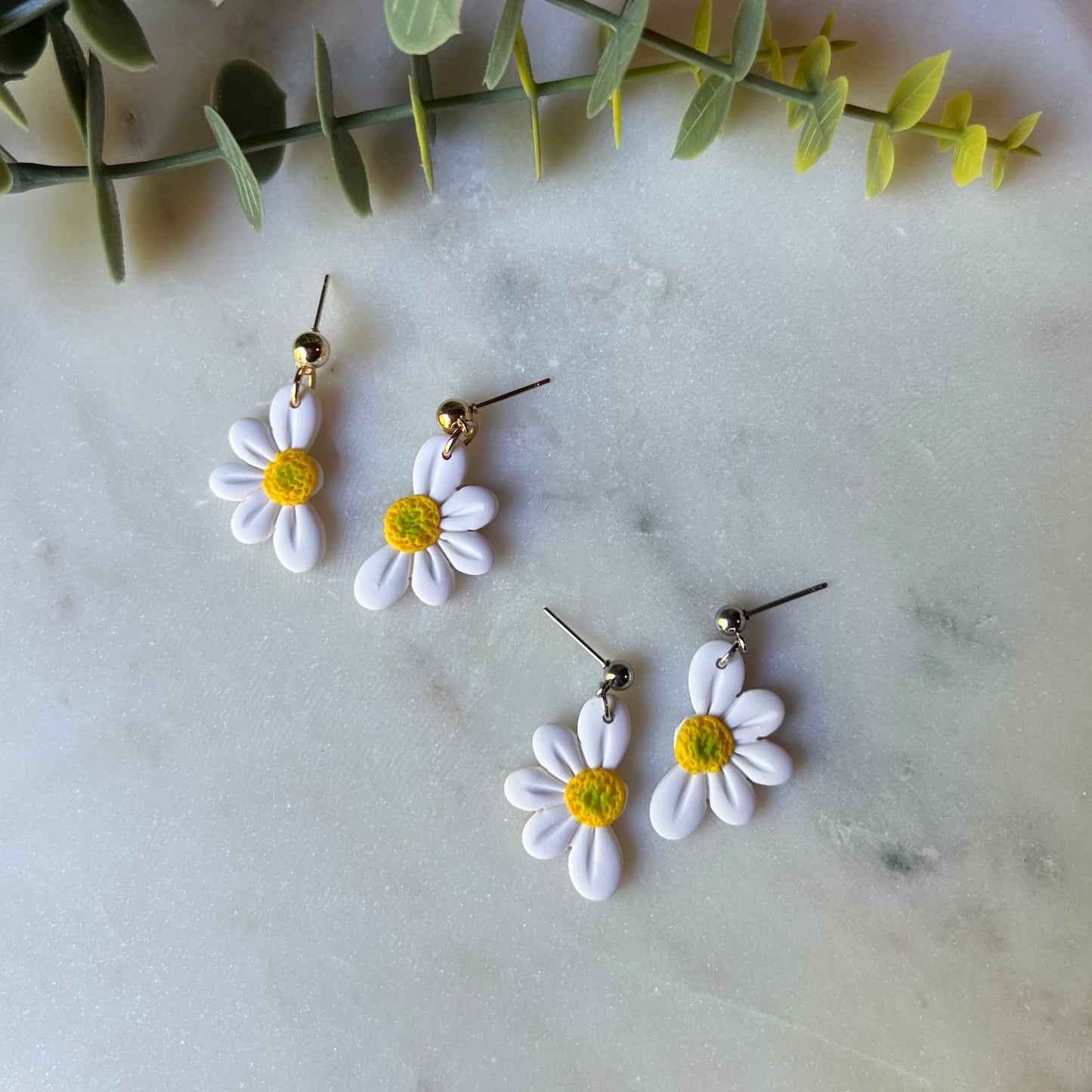 White Half Daisy Polymer Clay Dangle Earrings