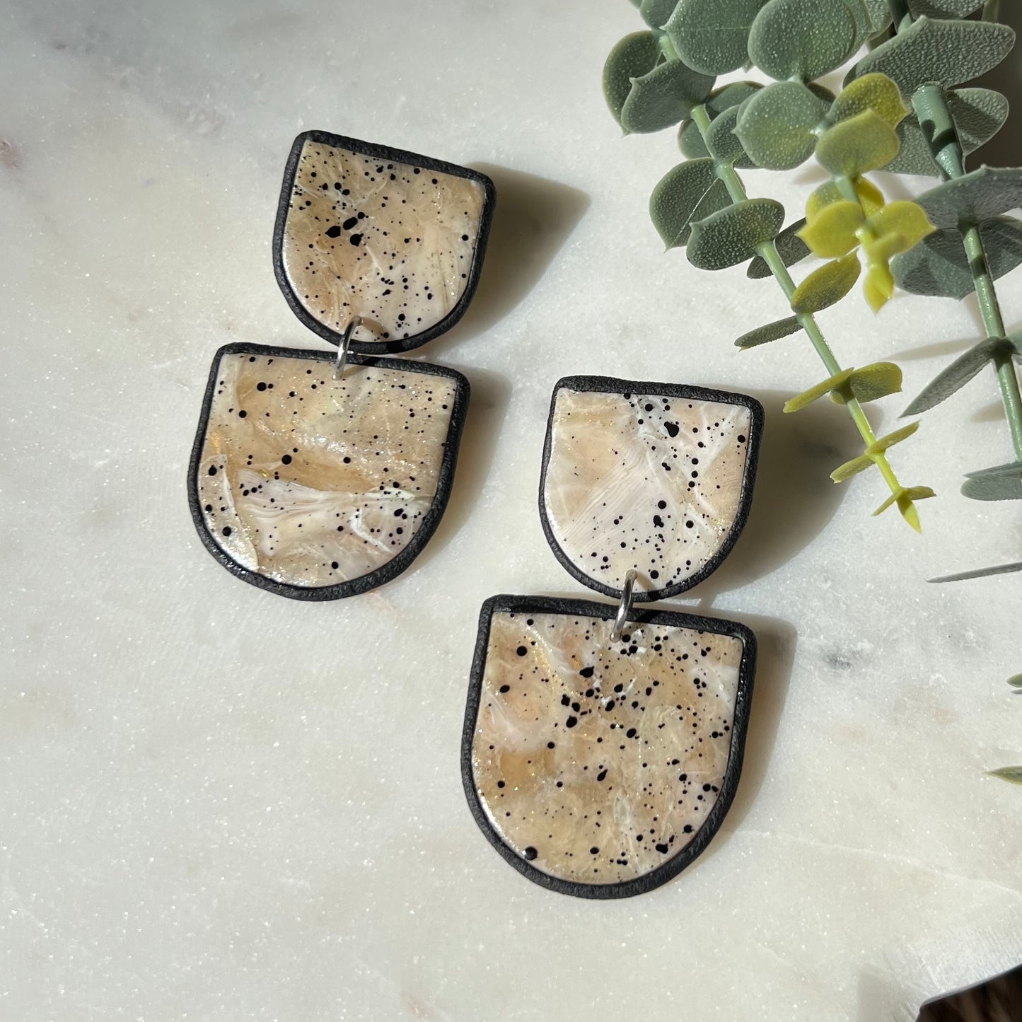 Neutral Marbled Organic Stone Polymer Clay Earrings – Black Speckled Lightweight Statement Dangles