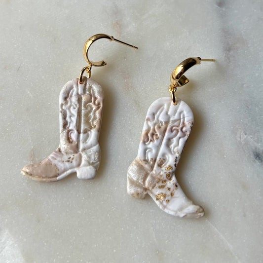 Ivory Pearl Marble Cowboy Boots Polymer Clay Earrings with Half Hoops