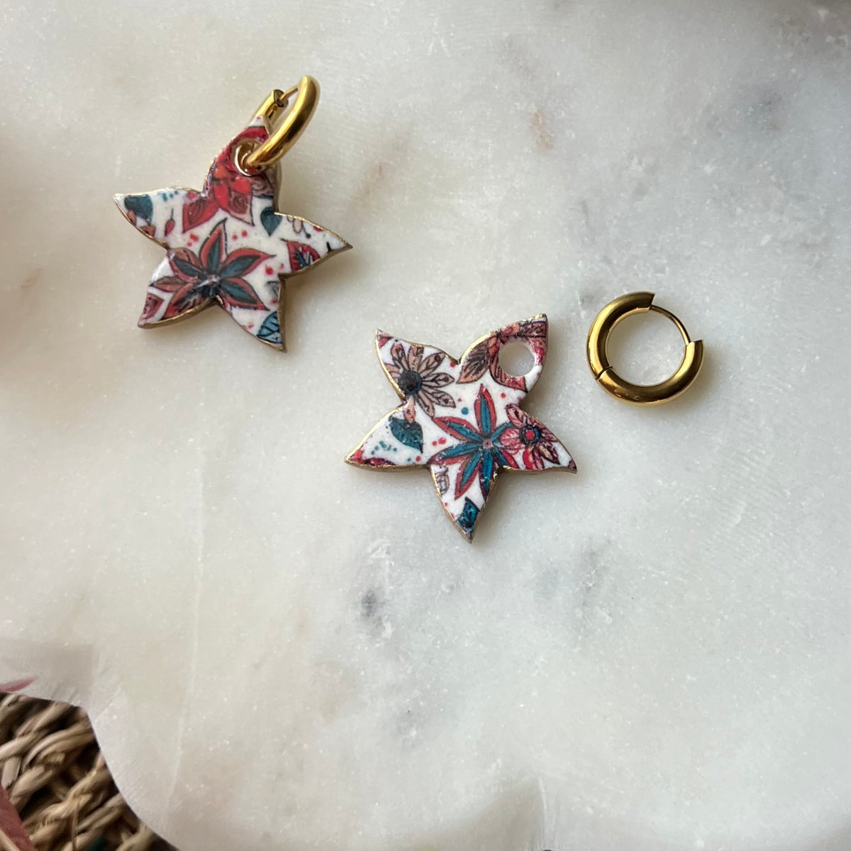 Festive Poinsettia Polymer Clay Earrings with stainless steel huggie hoops