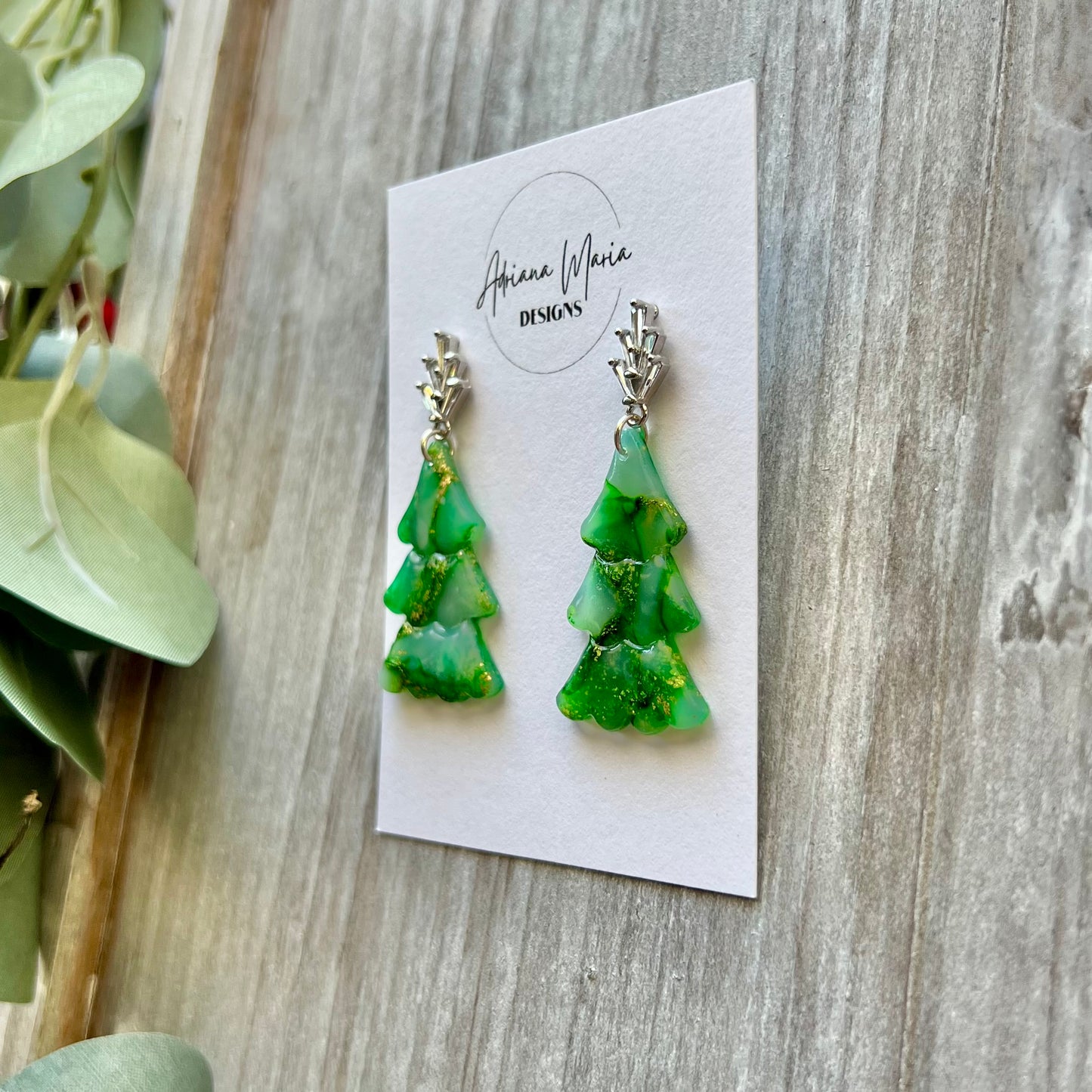 Green Marbled Christmas Tree Earrings