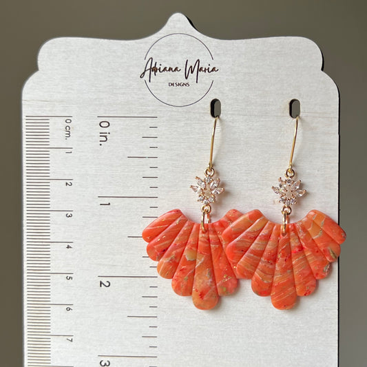 Polymer Clay Statement Earrings - Orange marbled agate-inspired with cubic zirconia accents, lightweight dangles