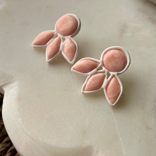 Peachy Coral Marbled Polymer Clay Bezel Stud Earrings