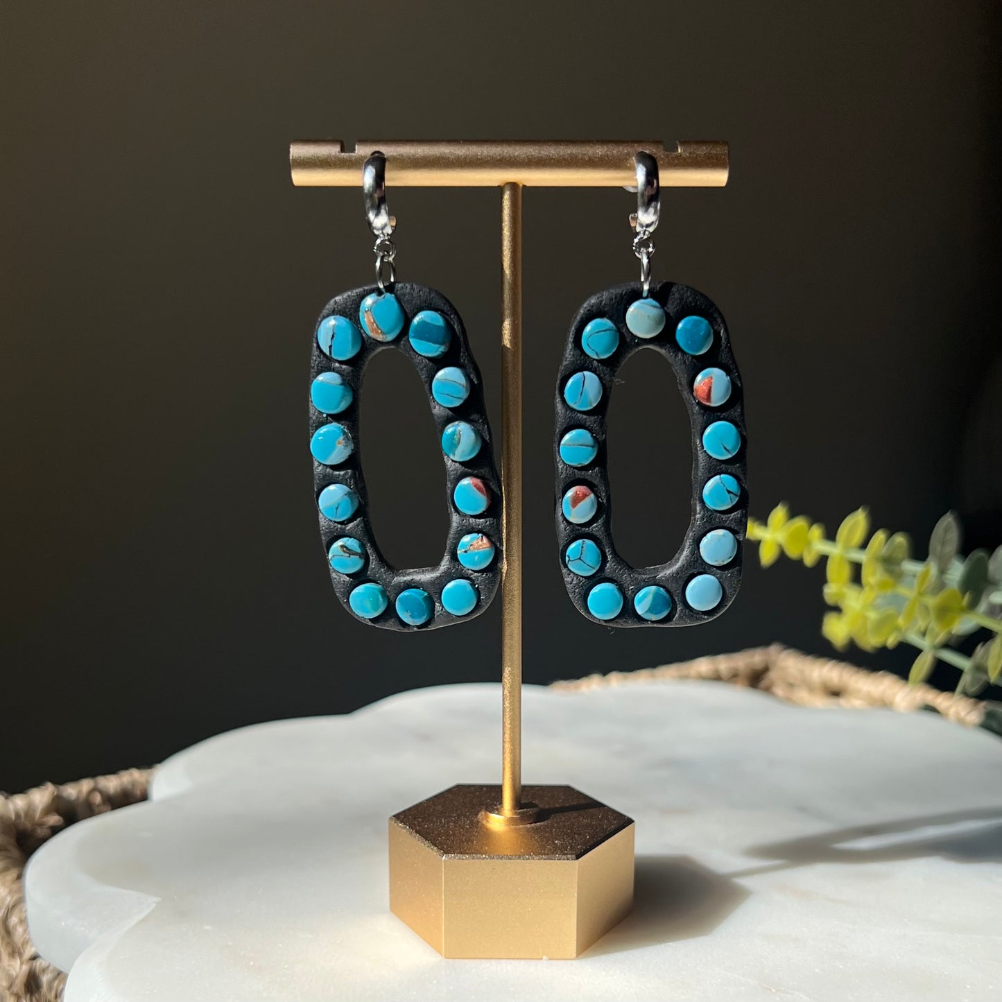 Turquoise Stone inspired Polymer Clay Bezel Statement Earrings, lightweight dangles, western style