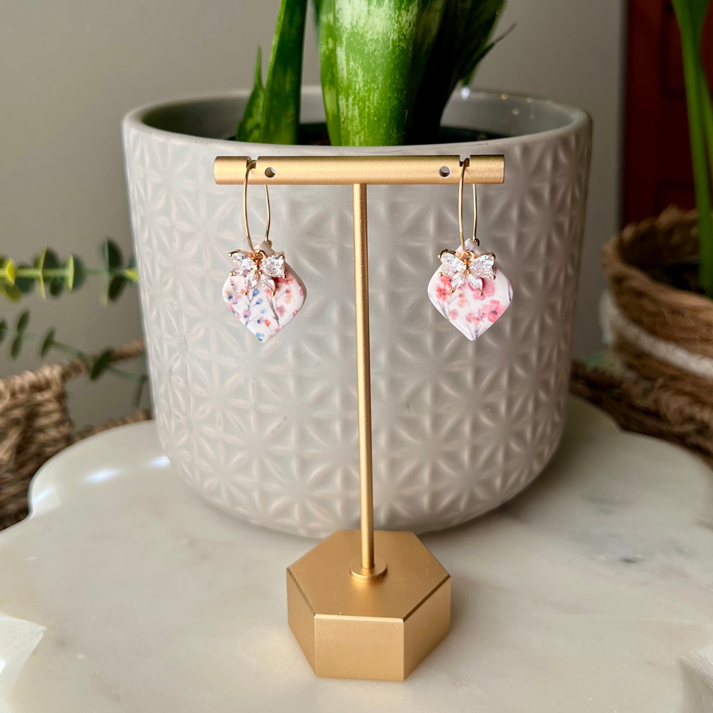 Wildflower Bloom Polymer Clay Earrings with Cubic Zirconia Bow | Gold