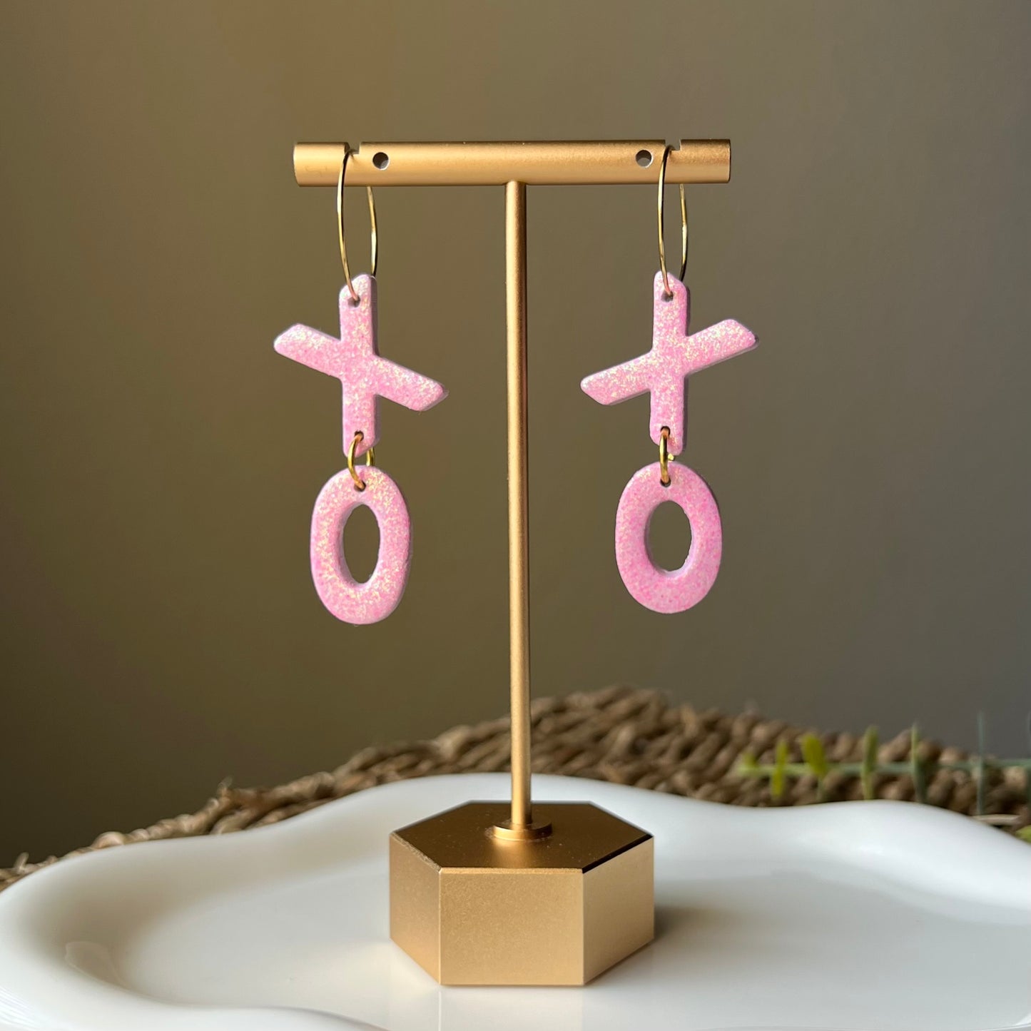 XOXO Pink Holographic Glitter Polymer Clay Hoop Earrings